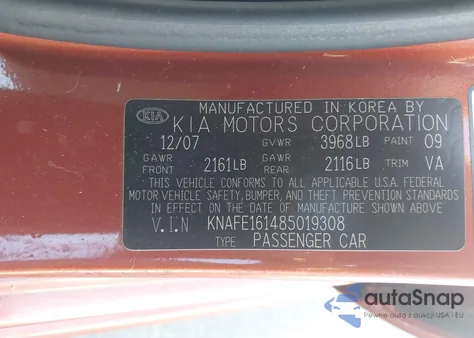 2008 Kia Spectra5 Sx from USA, damaged, VIN KNAFE161485019308